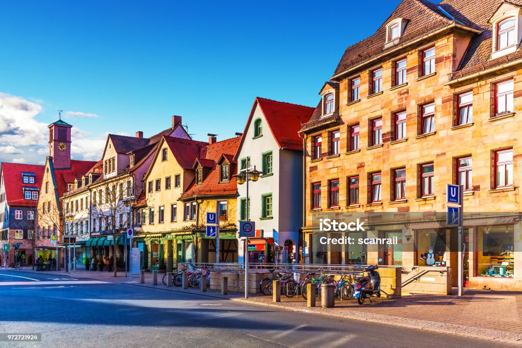 Furth, Bavaria, Germany Scenic sunset view of ancient buildings and street architecture in the Old Town of Furth, Bavaria, Germany Fuerth Stock Photo