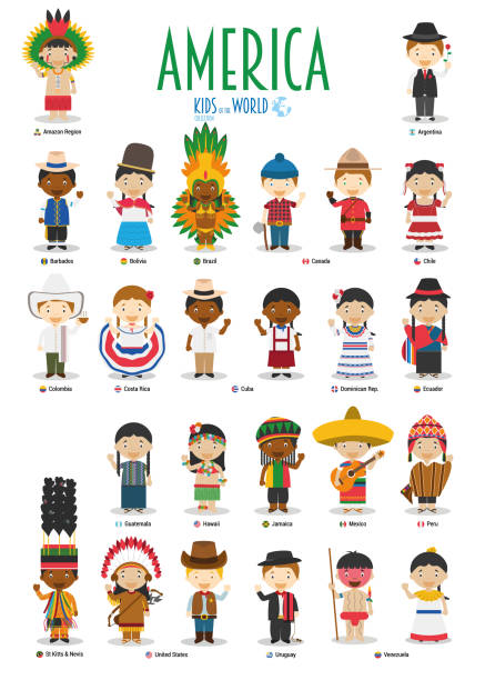 kinder und nationalitäten des vektors welt: amerika. satz von 25 zeichen in verschiedenen trachten gekleidet. - ecuadorian culture stock-grafiken, -clipart, -cartoons und -symbole