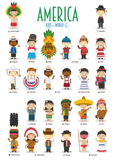 Vector illustration of Kids and nationalities of the world vector: America. Set of 25 characters dressed in different national costumes.