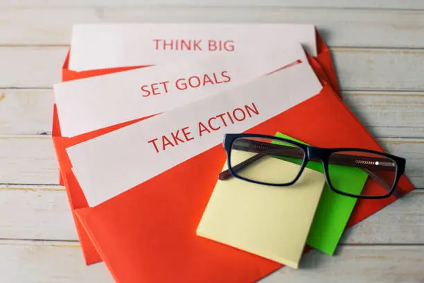 Set the goal, think big and take action - the concept of successful business activities. Can illustrate brainstorming and design thinking.