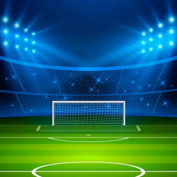 Vector illustration of Soccer stadium. Football arena field with goal and bright stadium lights. Football World Cup. Vector illustration