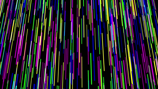 Multicolored rain begin, abstract 3d animation on black background.