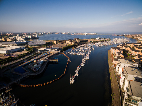 Aerial view of Boats and yachts in Penarth Marina in early afternoon light