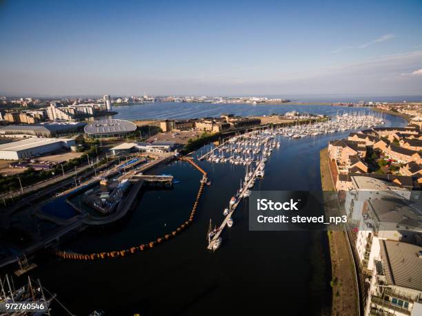 Aerial View Of Boats And Yachts In Penarth Stock Photo - Download Image Now - Drone, Aerial View, Cardiff - Wales