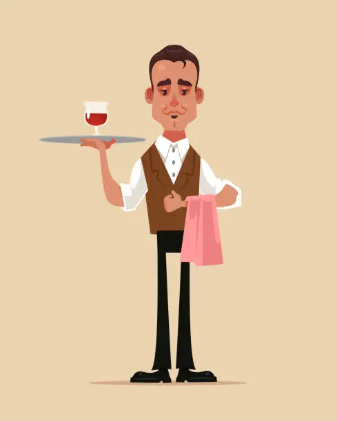 Vector illustration of Happy smiling waiter man boy character holding tray with glass red wine. Food service concept flat cartoon design graphic isolated illustration