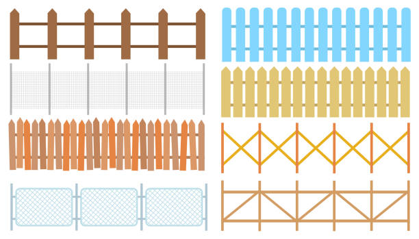 ilustrações, clipart, desenhos animados e ícones de cercas de madeira rurais, vetor de piquetes. cerca de silhuetas brancas para ilustração jardim - picket fence fence picket front or back yard