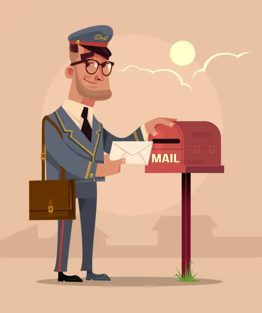 Vector illustration of Happy smiling postman mailman character put envelope letter in house mail box mailbag. Delivery service concept flat cartoon design graphic isolated illustration