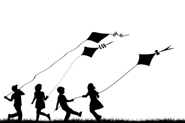 Children playing with kites Children silhouettes playing with kites kite flying stock illustrations