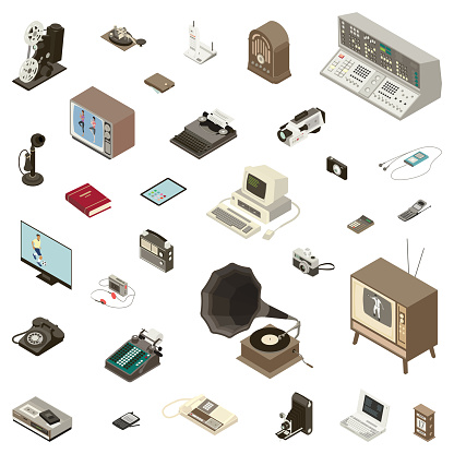 Isometric illustration of a wide range of communication and technology devices from the 19th, 20th, and 21st centuries. Items are generic; no specific manufacturer is represented.