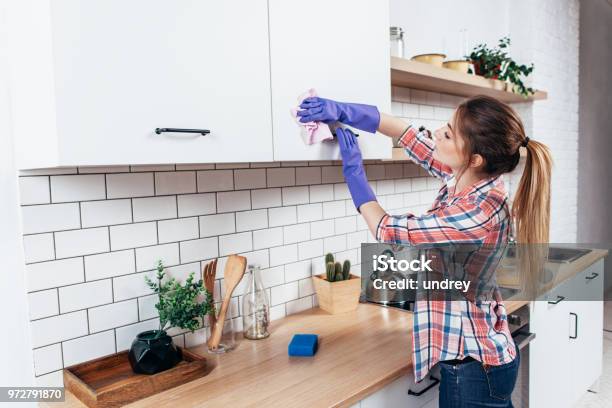 家庭の台所で布でキャビネットを洗浄手袋の女性 - キッチンのストックフォトや画像を多数ご用意 - キッチン, 家庭生活, 清潔