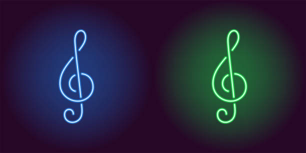 неоновая икона сине-зеленой музыкальной ноты - musical staff music piano blue stock illustrations