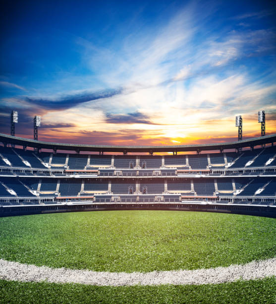 Mixed media image of empty soccer football stadium Mixed media image of empty big world level  soccer football stadium stadium playing field grass fifa world cup stock pictures, royalty-free photos & images