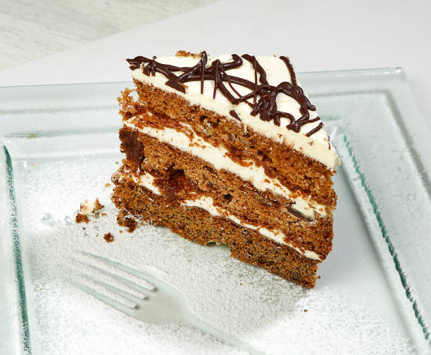 Dessert - A piece of cake, a biscuit and cream, close-up