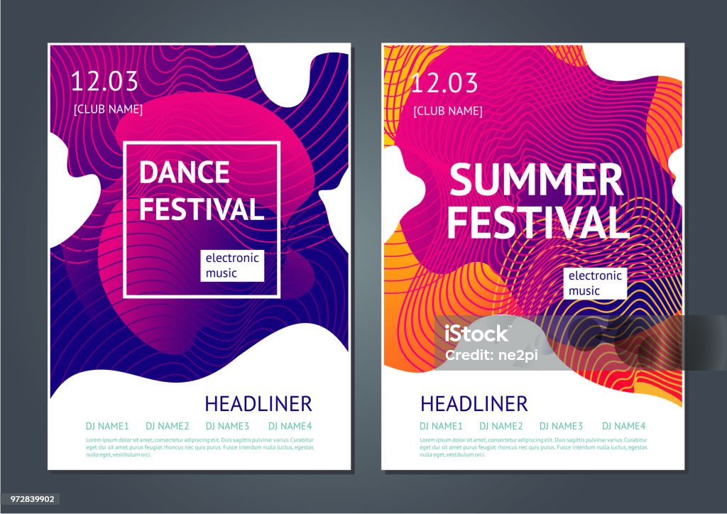 Summer festival abstract poster. Summer dance party. Abstract poster for electronic music festival. Guilloche line and dynamic fluid background. Poster stock vector