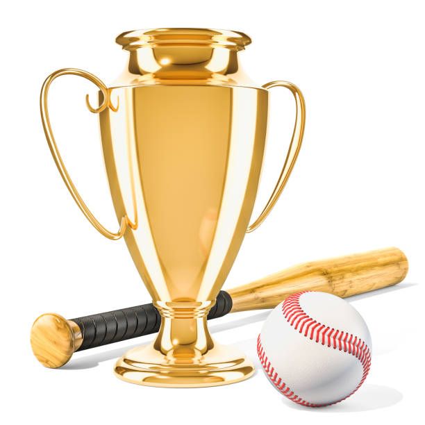 istock Gold trophy cup award with baseball ball and bat, 3D rendering isolated on white background 972842036