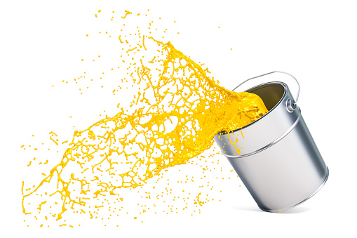 Yellow paint splashing out of can, 3D rendering isolated on white background