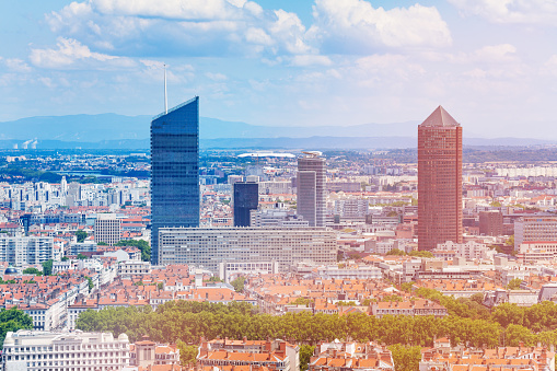 Aerial view of La Part-Dieu district and its skyscrapers, Lyon, France