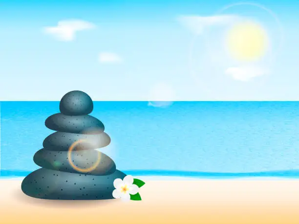 Vector illustration of Pebblestone pyramid on a sea beach. Vector illustration