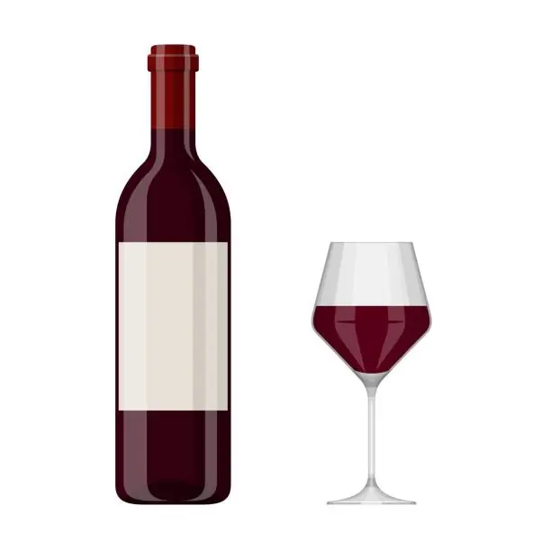 Vector illustration of Vector illustration of a red wine bottle and glass isolated on white background. Alcoholic drink in flat cartoon style