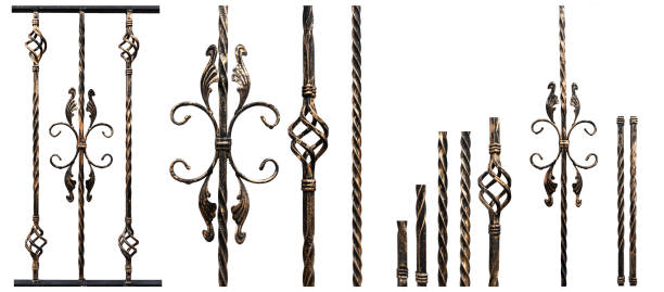 istock Samples of forged products isolated on white background, gilding effect. Decoration element of stairs handrails or balcony. Elements for designer work 972870348