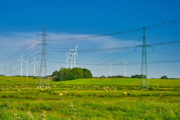 istock Wind turbines at the meadow against blue sky. Latvia 972876982