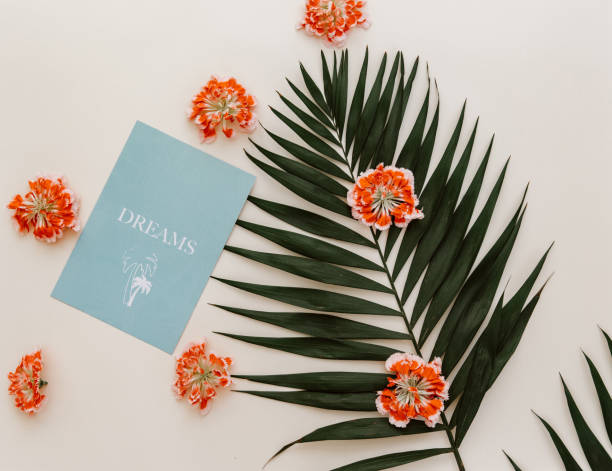 istock Creative layout with palm leaf and card on pastel background. Blogger concept 972880398