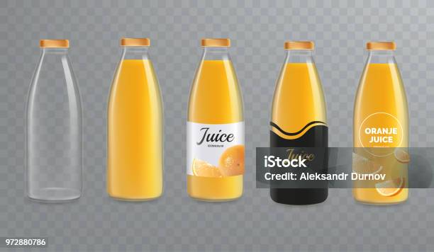 Orange Juice Bottle Mockup Vector Glass Bottle Mock Up Isolated On Transparent Background Design Of Labels For Juice Vector Eps 10 Stock Illustration - Download Image Now