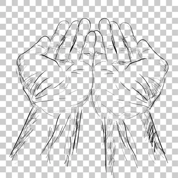 Vector illustration of simple hand draw sketch praying, ask, beg, receiving hand, at transparent effect background