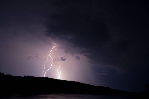 thunder, lightnings and rain in summer - storm summer forest cloudscape imagens e fotografias de stock