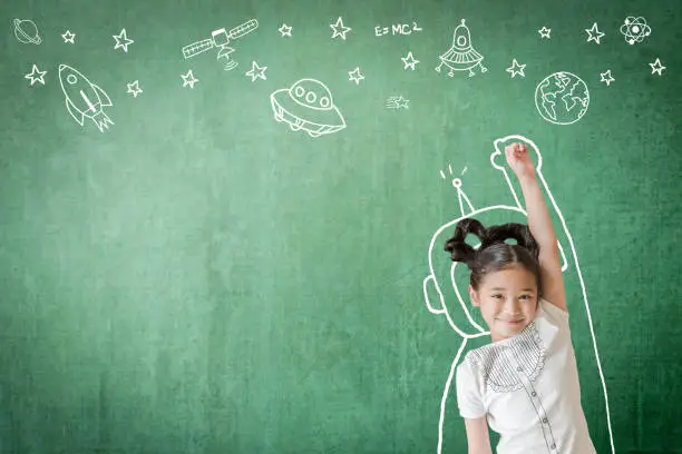 Photo of Kid's learning inspiration in successful education with creative imagination for back to school concept and STEM science technology engineering maths with doodle on aviation on green chalkboard