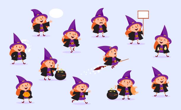 hexe halloween mädchen im hexenkostüm mit kürbis, töpfchen für trank, poster, sprechblase, fliegt auf einem besen, in verschiedenen situationen vektor - food cartoon vegetable running stock-grafiken, -clipart, -cartoons und -symbole