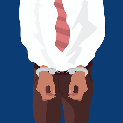 Close up hands of office man in handcuffs. Expressive cartoon style