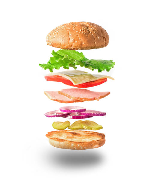 istock Fresh sandwich with flying ingredients isolated on white background 972922068
