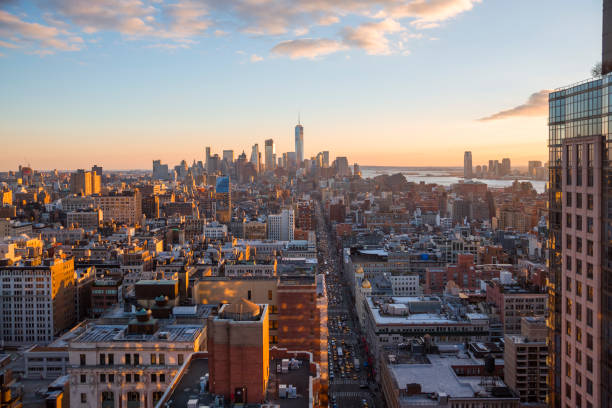 High Angle View of Lower Manhattan at Sunset