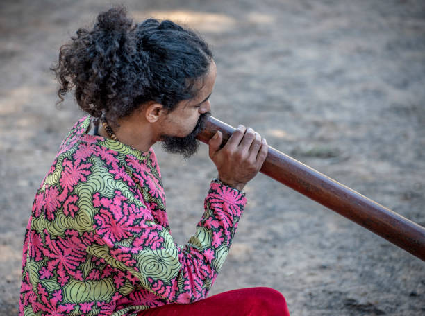 didgeridoo jugador en un mercado local en nimbin, nueva gales del sur - 3615 fotografías e imágenes de stock