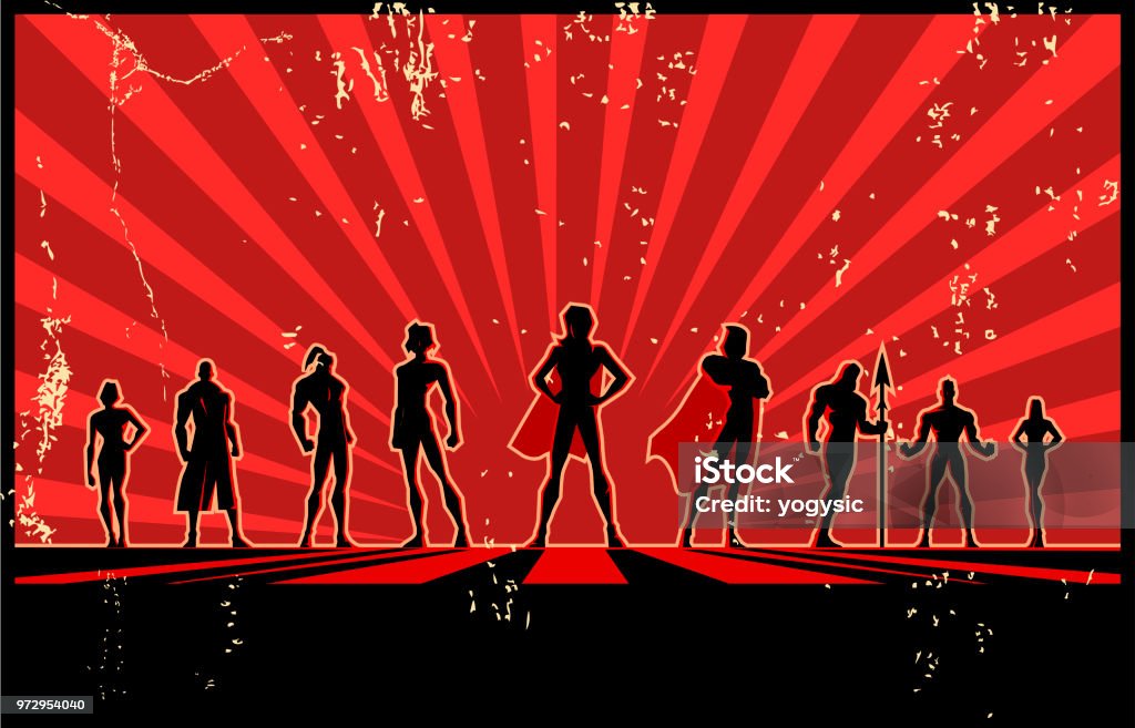 Vector Retro Superhero Team Silhouette Poster A retro silhouette style illustration of a team of superhero posing with sunburst effect and wide copy space in the background. Superhero stock vector