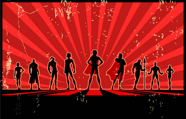Vector Retro Superhero Team Silhouette Poster A retro silhouette style illustration of a team of superhero posing with sunburst effect and wide copy space in the background. red clothing stock illustrations