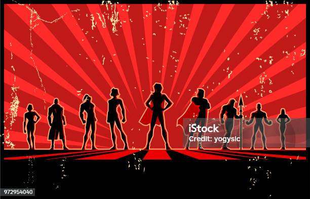 Vector Retro Superhero Team Silhouette Poster Stock Illustration - Download Image Now - Superhero, Backgrounds, Comic Book