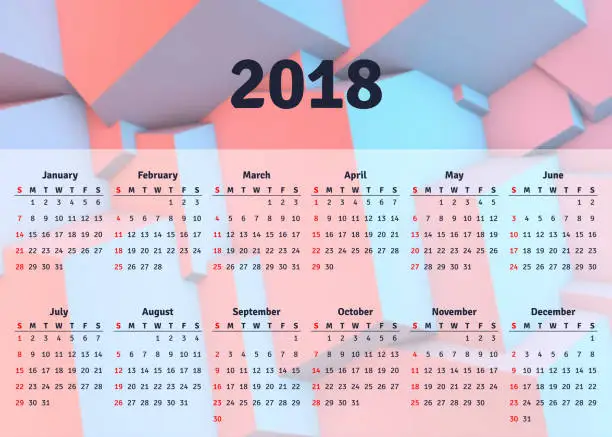 Vector illustration of Calendar 2018 horizontal A4 format starts on Sunday