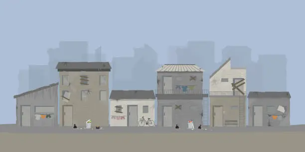 Vector illustration of Landscape of slum city or old town slum urban area.