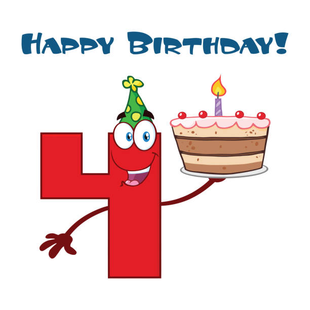 Funny Red Number Four Cartoon Mascot Character Holding Up A Birthday Cake Funny Red Number Four Cartoon Mascot Character Holding Up A Birthday Cake. Vector Illustration Isolated On White Background With Text Happy Birthday drawing of a happy birthday smiley emoticon stock illustrations