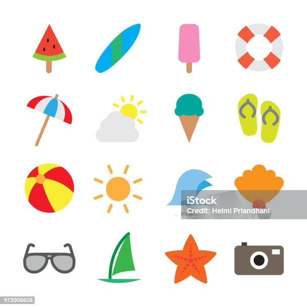 Summer Icon Set Flat Outline Stock Illustration - Download Image Now - Beach, Book, Climate