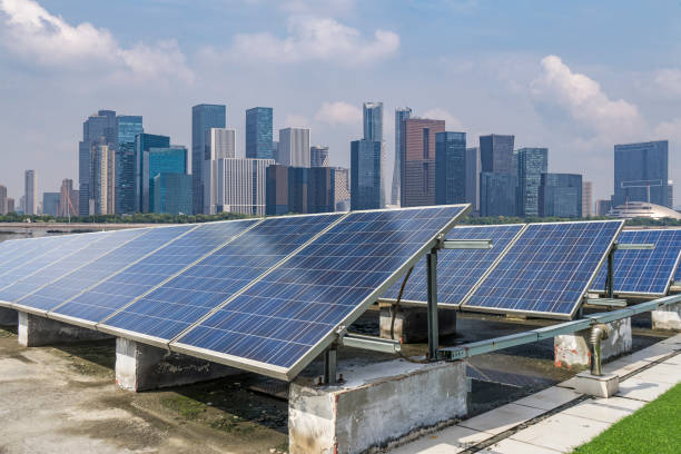 Solar and modern city skyline