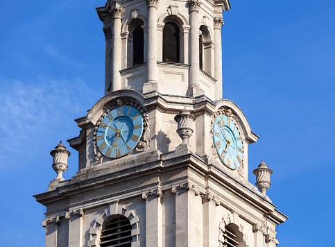 Tower of neoclassical building of St Martin in the Fields church ,Trafalgar Square, London, United Kingdom