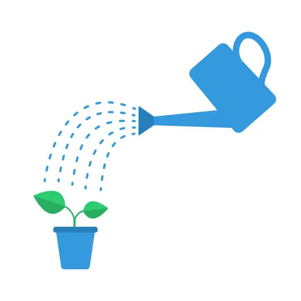 Vector illustration of Watering can with drops and plant