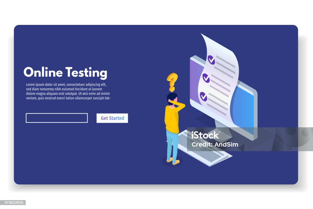 オンライン ・ テスト、E-ラーニング、教育等尺性概念。ベクトルの図。 - 試験のロイヤリティフリーベクトルアート