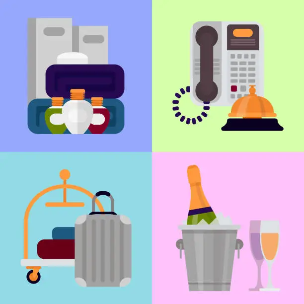 Vector illustration of Hotel personal professional service objects executive help hostel tools vector illustration