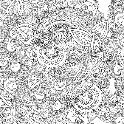 Doodle zen vector hand drawn background template. Abstract leaves seamless pattern. Adult coloring book page.