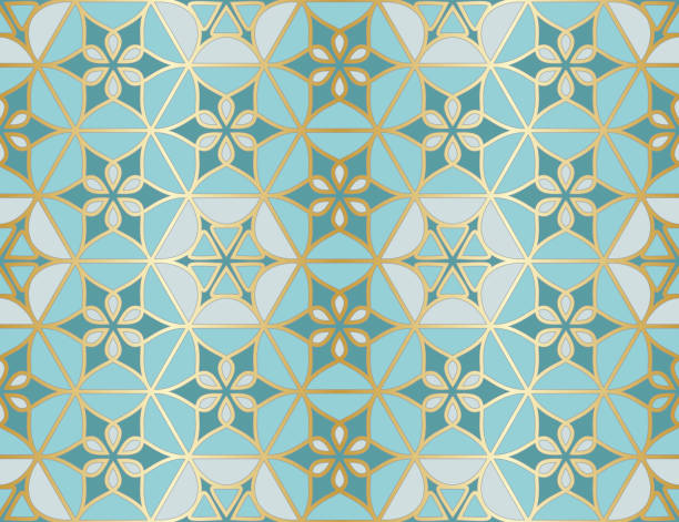 ilustrações, clipart, desenhos animados e ícones de árabe padrão sem emenda. janela de mesquita islâmica tradicional com mosaico de grade de ouro - east asia