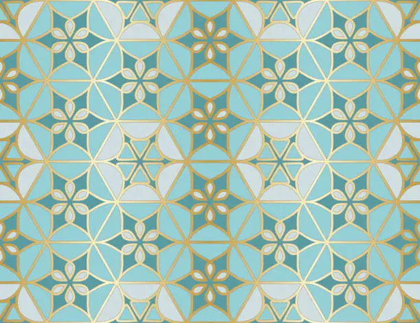 Vector illustration of Arabic seamless pattern. Traditional Islamic mosque window with gold grid mosaic